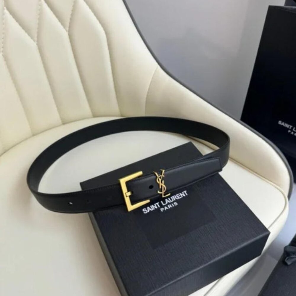 Saint Laurent Black Belt with Gold Buckle - 90cm with Box